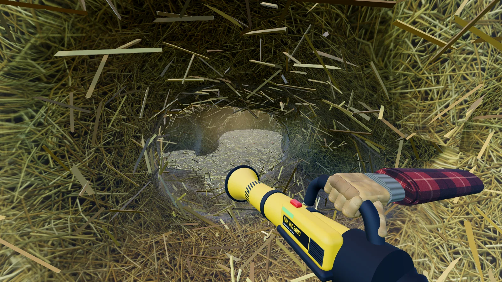 The yellow Hay Vacuum 3000 sucking hay out of a tunnel