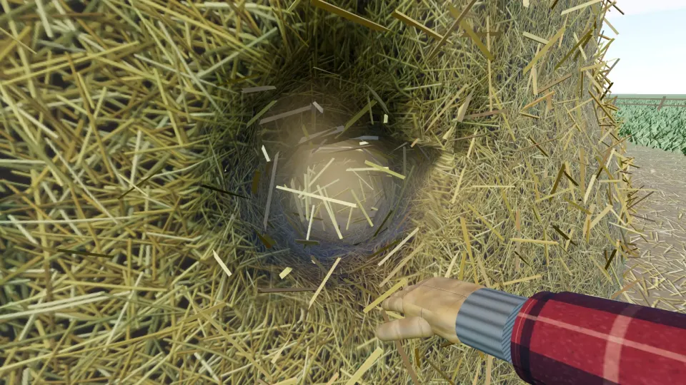 Work gloves digging into the haystack in Purist mode