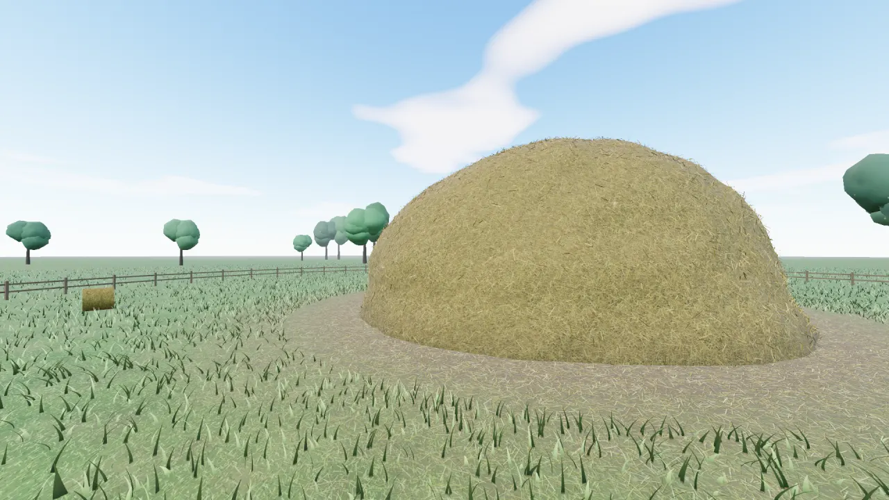 The giant haystack standing in a fenced farm field